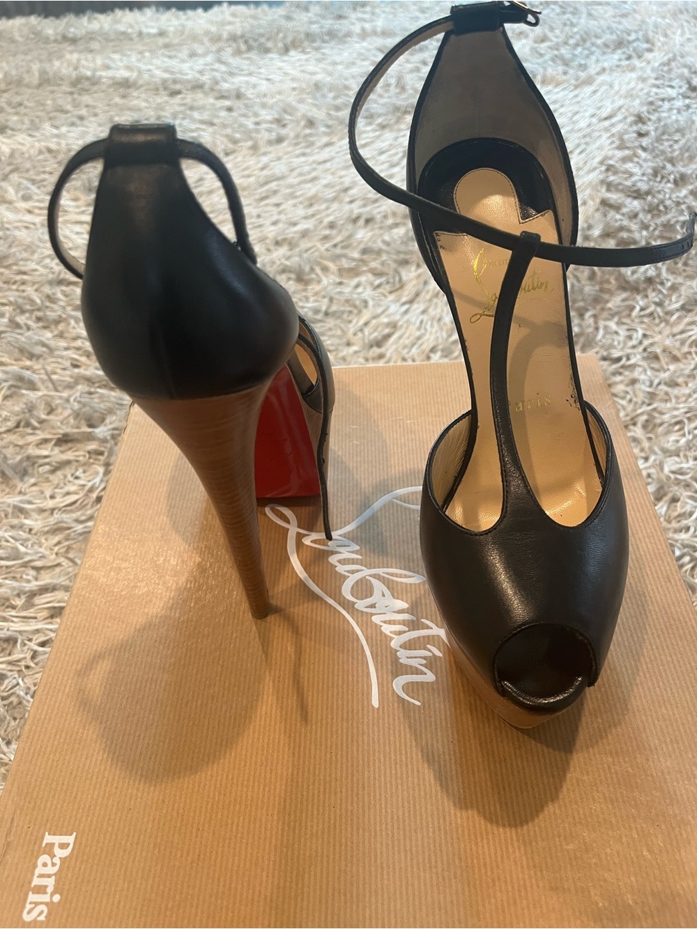 Christian Louboutin Black Leather T-Strap Peep-Toe Stiletto Heels